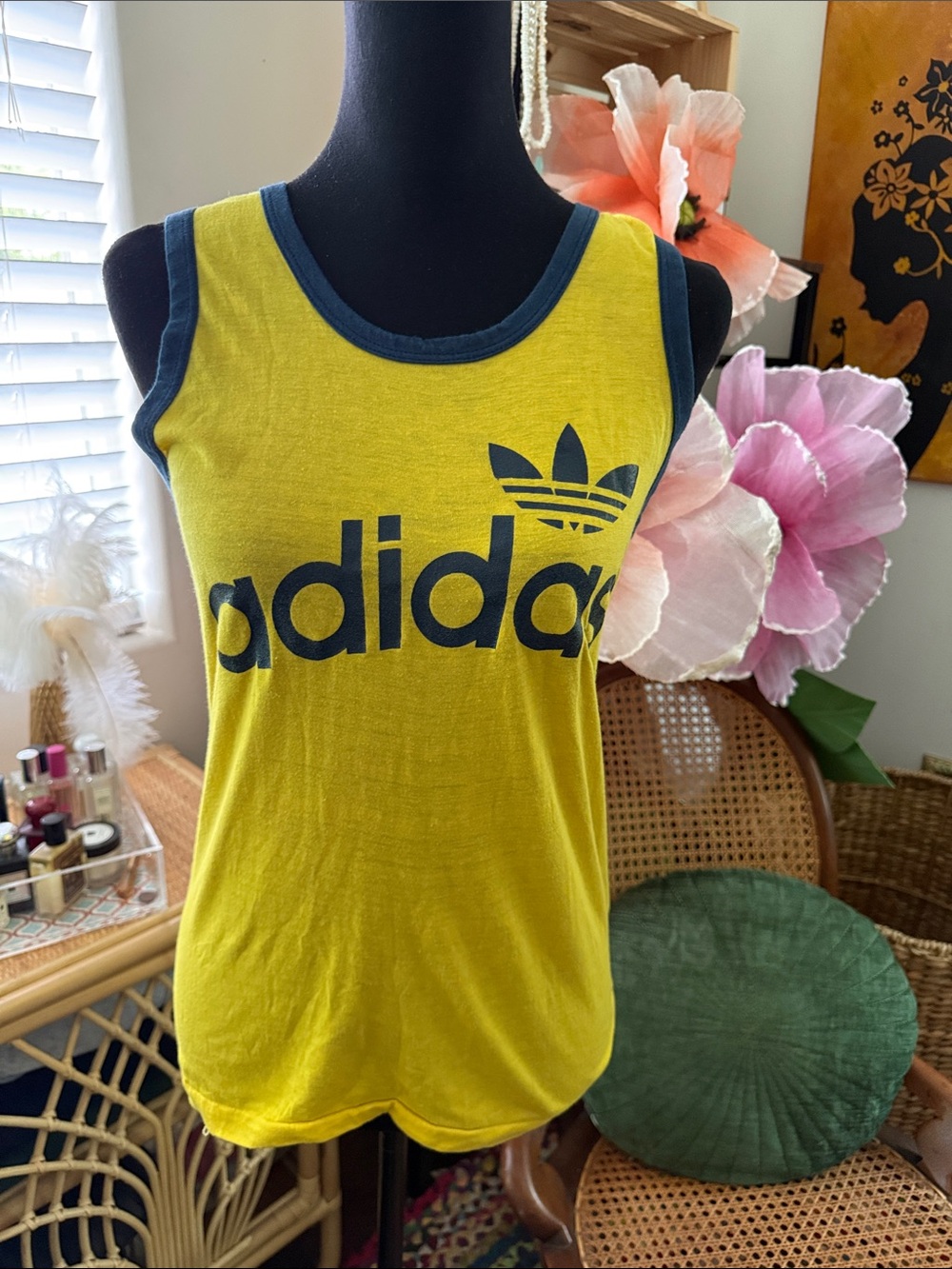 Vintage 70s/80s Adidas Trefoil Tank Top Single Stitch Gold Yellow Blue Big Logo